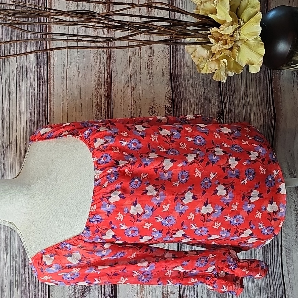 NEW EXPRESS RED FLORAL SHEER LINED RUFFLE SLEEVE PULLOVER BLOUSE